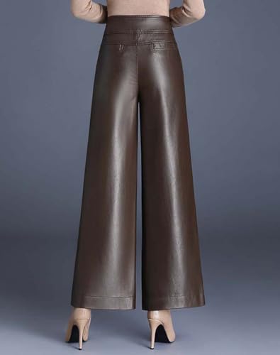 HaoMay Women's High Waist Wide Leg PU Faux Leather Cropped Pants Culottes(Brown-XS) - Image 2