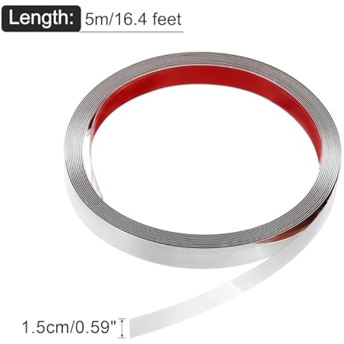 WALL END STRIP, 16.4 FT X 0.59 IN STAINLESS STEEL SELF-ADHESIVE TRIMS, METALISED MIRROR-LIKE FINISH, STRIP EDGE FRAME FOR HOME DIY DECORATION, SILVER - Image 2