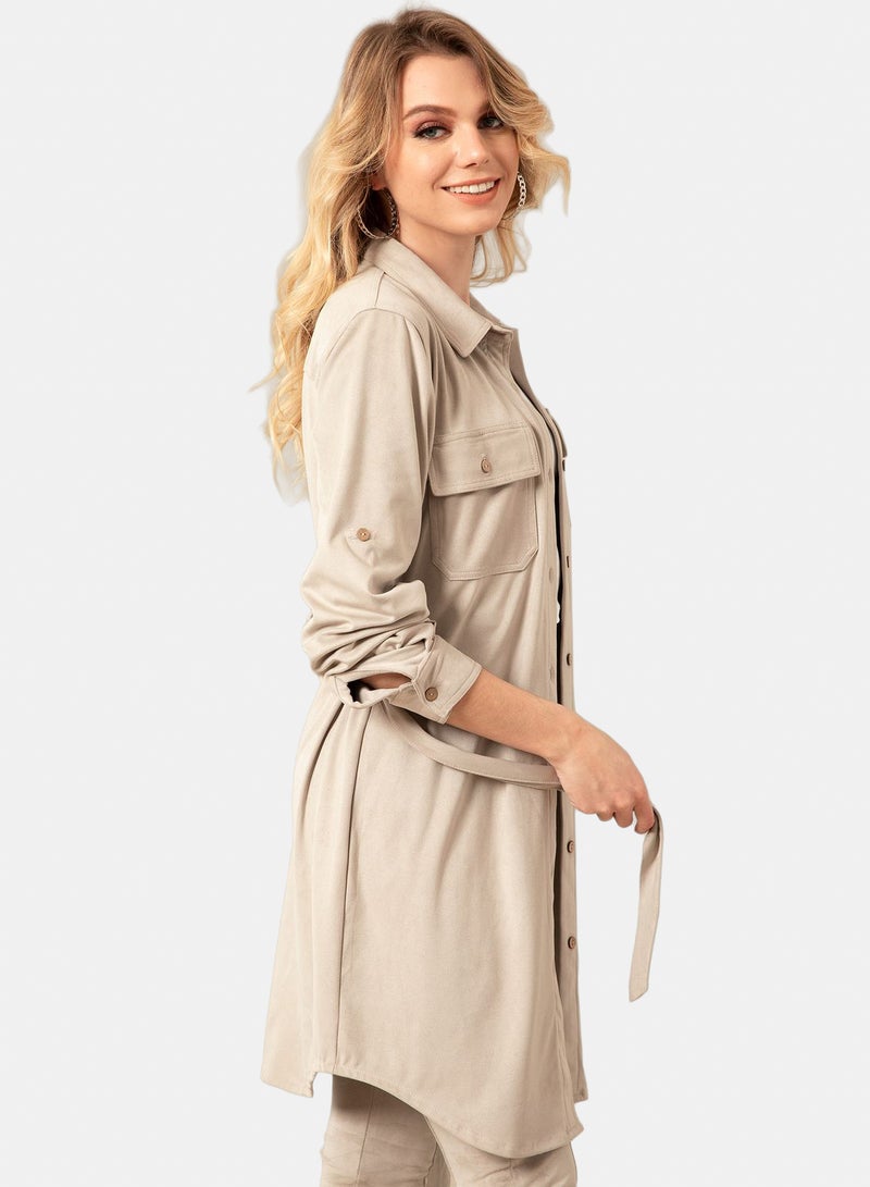 belle Long Button Down Shirt With Belt - Image 3