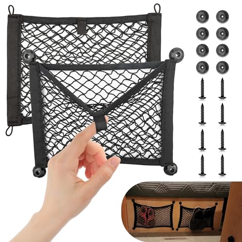 RED WOLF 2 Layer Small Mesh Cargo Net Elastic Storage Netting 2 Pcs Stretchable Car Organizer Net 1410 Inch for Trunk RV Boats Home Auto Cargo Net Pocket with Screws and Hooks - Image 1