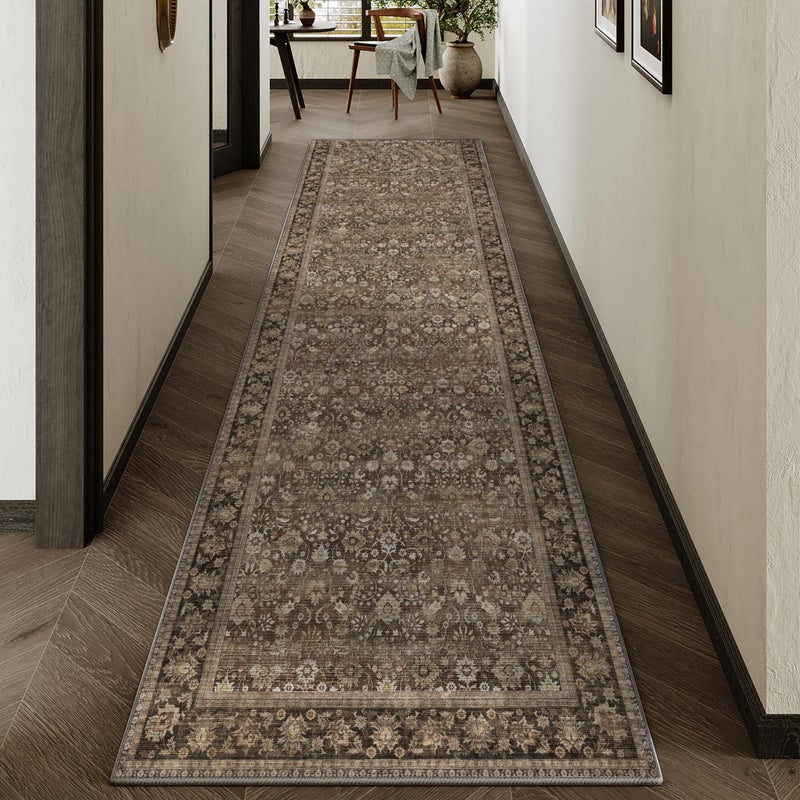 HUGEAR 2x8 Runner Rug Machine Washable Brown Hallway Area Rug Indoor Accent Rugs Floral Low Pile Carpet Soft Throw Rugs Bedroom Living Room Office Dining Kitchen Laundry Non Slip - Image 1
