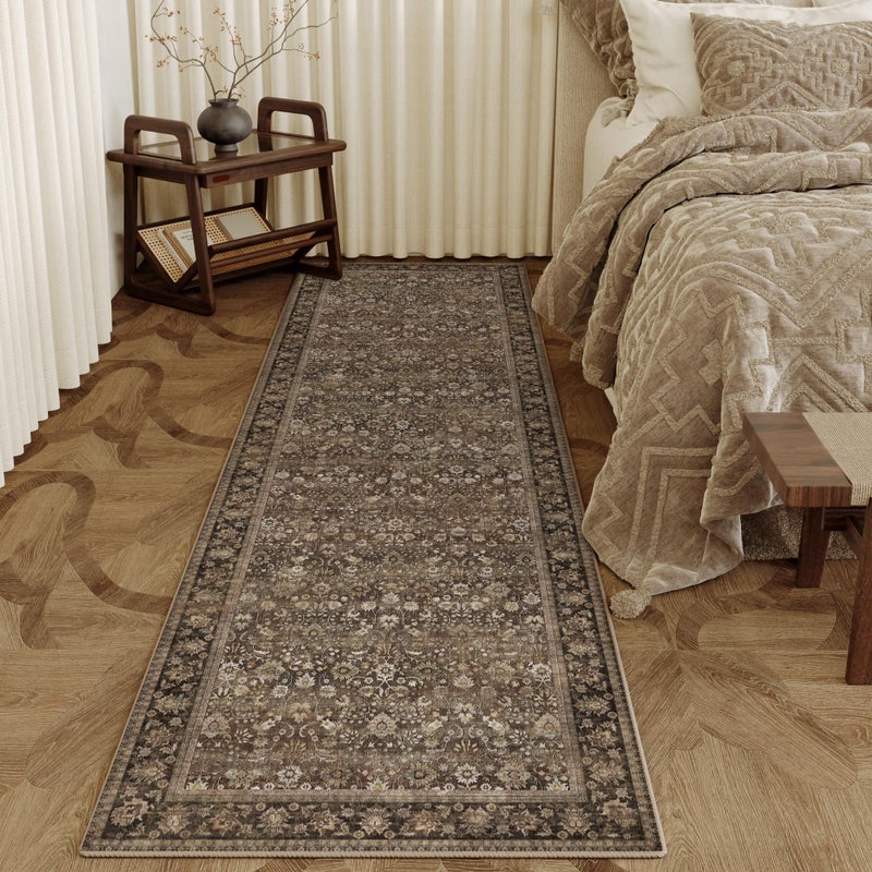 HUGEAR 2x8 Runner Rug Machine Washable Brown Hallway Area Rug Indoor Accent Rugs Floral Low Pile Carpet Soft Throw Rugs Bedroom Living Room Office Dining Kitchen Laundry Non Slip - Image 3