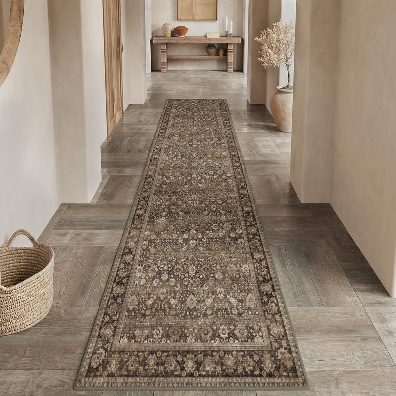 HUGEAR 2x8 Runner Rug Machine Washable Brown Hallway Area Rug Indoor Accent Rugs Floral Low Pile Carpet Soft Throw Rugs Bedroom Living Room Office Dining Kitchen Laundry Non Slip - Image 4