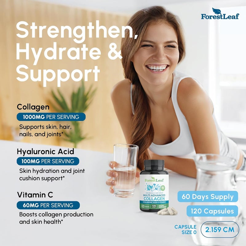 ForestLeaf حبوب كولاجين متعددة من فوريست ليف مع حمض الهيالورونيك وفيتامين C ومكملات كولاجين مهدرجة للنساء أو الرجال كبسولات كولاجين متعددة للببتيدات لخطوط الجلد 120 كبسولة - Image 2