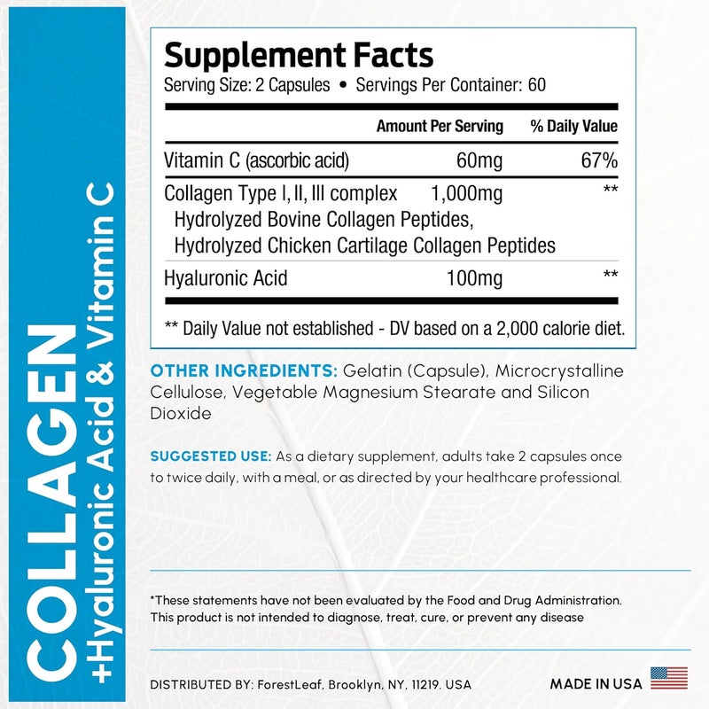 ForestLeaf حبوب كولاجين متعددة من فوريست ليف مع حمض الهيالورونيك وفيتامين C ومكملات كولاجين مهدرجة للنساء أو الرجال كبسولات كولاجين متعددة للببتيدات لخطوط الجلد 120 كبسولة - Image 5