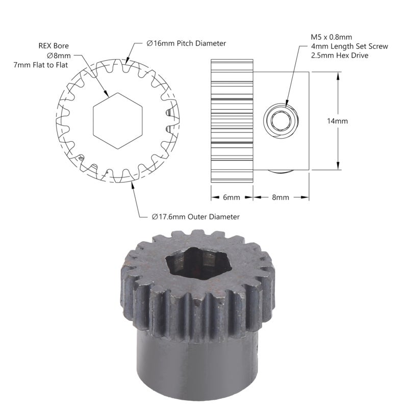 Pinion Gear 20-Tooth 8mm REX Bore: Hardened Steel - Wear Resistance Long Service Life Easy Install Positive Drive for Industrial Robots - Image 2