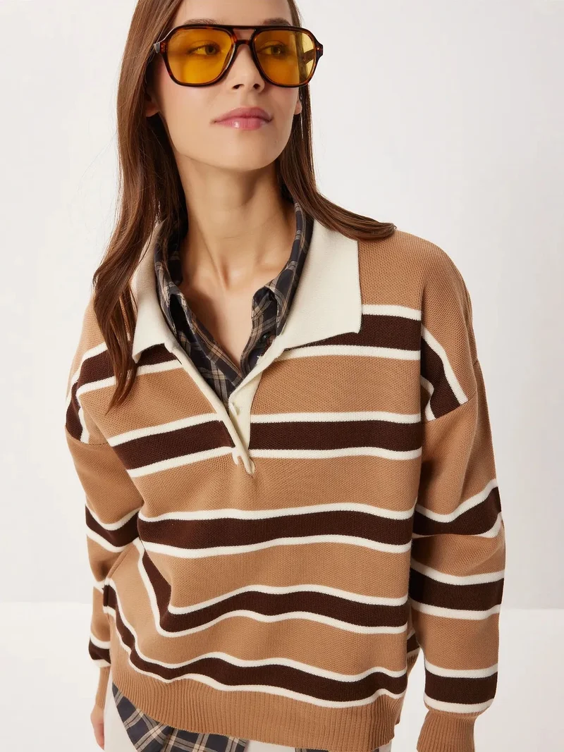 Lovely Istanbul ISTANBUL Striped Polo Collar Knit Sweater