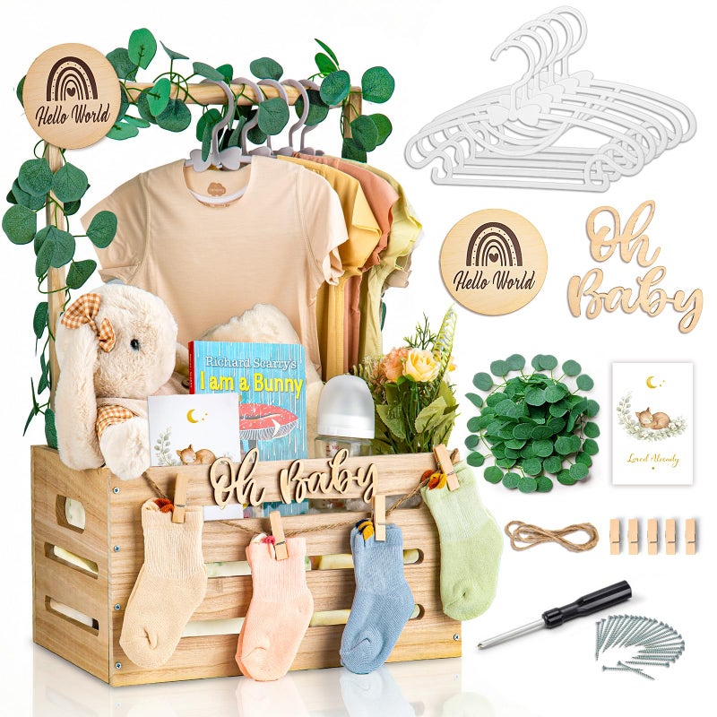 Giftacity Wooden Baby Shower Crate Closet - Personalized Baby Gift Baskets with Hangers, Large Newborn Boys Girls Clothes Storage Box for Newborn New Parent - Image 1