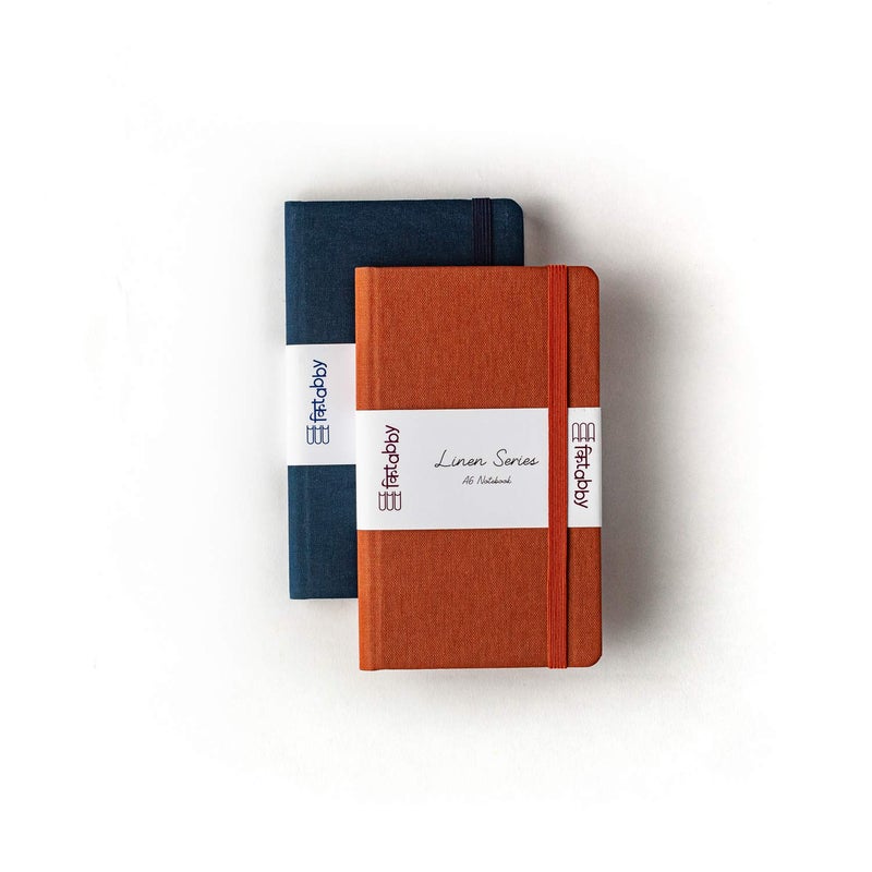 Kitabby – Linen Series – A6 Size – Hard Bound Pocket Notebook with Elastic Band – 192 Pages – 80gsm Natural Shade Paper – Linen Fabric Cover Material – Pack of 2 – (Brown + Navy Blue) - Image 1