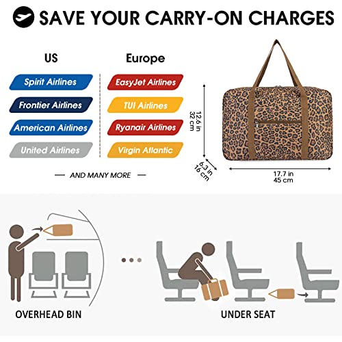 WANDF For Spirit Airlines Personal Item Bag 18x14x8 Travel Duffel Bag Underseat Foldable Carry-on Luggage for Women(Dark Leopard） - Image 2