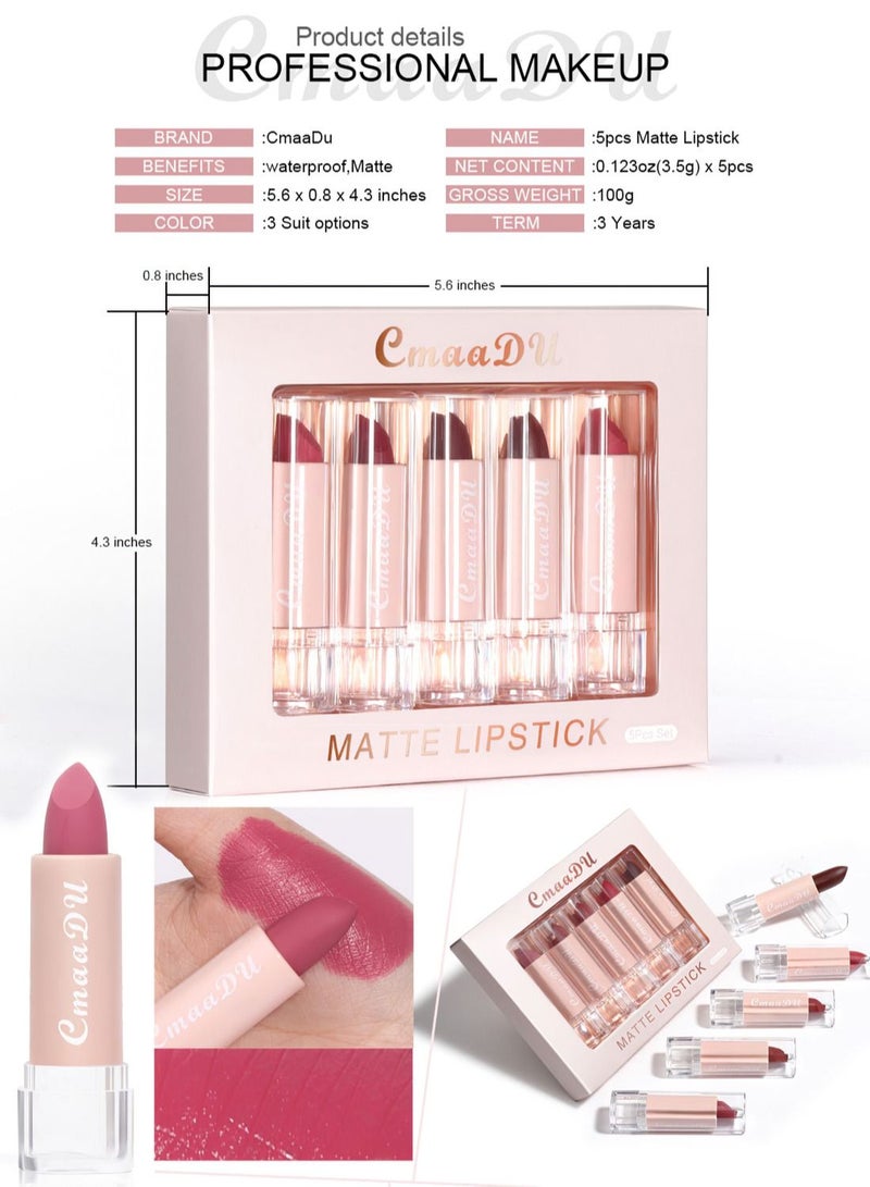 CmaaDu 5 Colors Matte Lipstick Set Waterproof Long-Lasting Moisturizing Makeup Gift Kit - Image 3