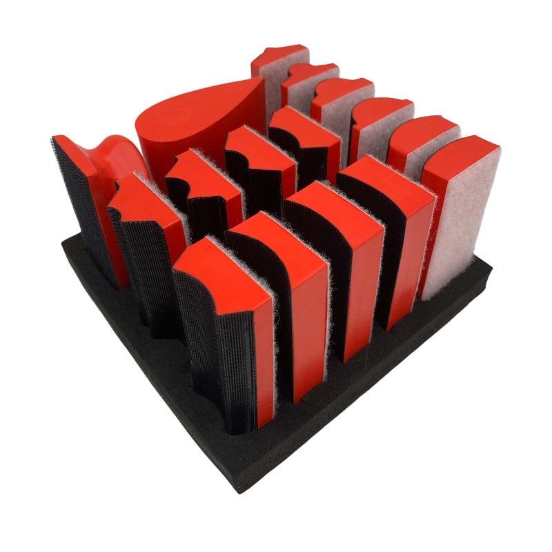 VOLSIVE Hand Sanding Block Set of 16,Interchangeable Assorted Contoured Profile Sanding Pad Kit,Hook and Loop Abrasive Sanding Chassis for Sand Wood Furniture, Auto Paint and Crafts,Red - Image 1