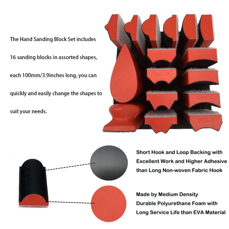 VOLSIVE Hand Sanding Block Set of 16,Interchangeable Assorted Contoured Profile Sanding Pad Kit,Hook and Loop Abrasive Sanding Chassis for Sand Wood Furniture, Auto Paint and Crafts,Red - Image 3