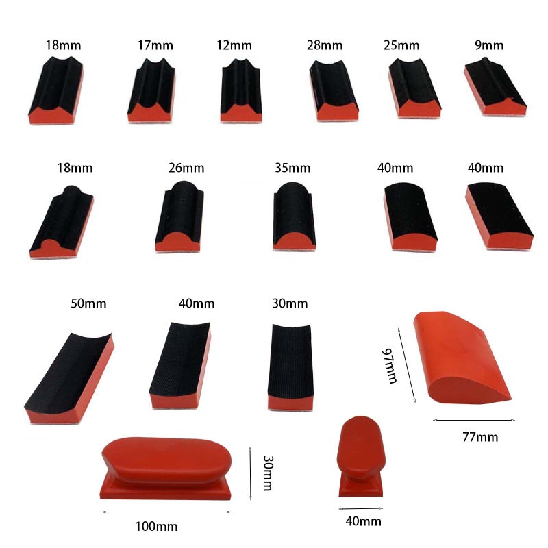 VOLSIVE Hand Sanding Block Set of 16,Interchangeable Assorted Contoured Profile Sanding Pad Kit,Hook and Loop Abrasive Sanding Chassis for Sand Wood Furniture, Auto Paint and Crafts,Red - Image 2