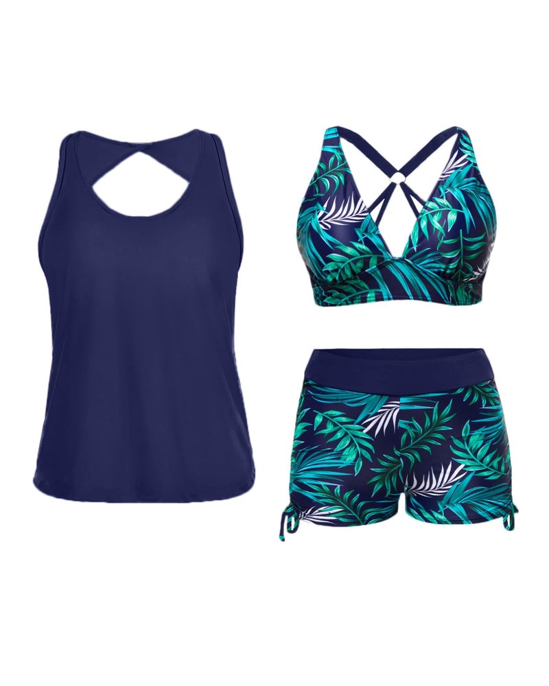 Yonique 3 Piece Tankini Swimsuits for Women Swim Tank Top Bathing Suits with Boy Shorts and Bra Athletic Swimwear Navy Blue Green Leaf L