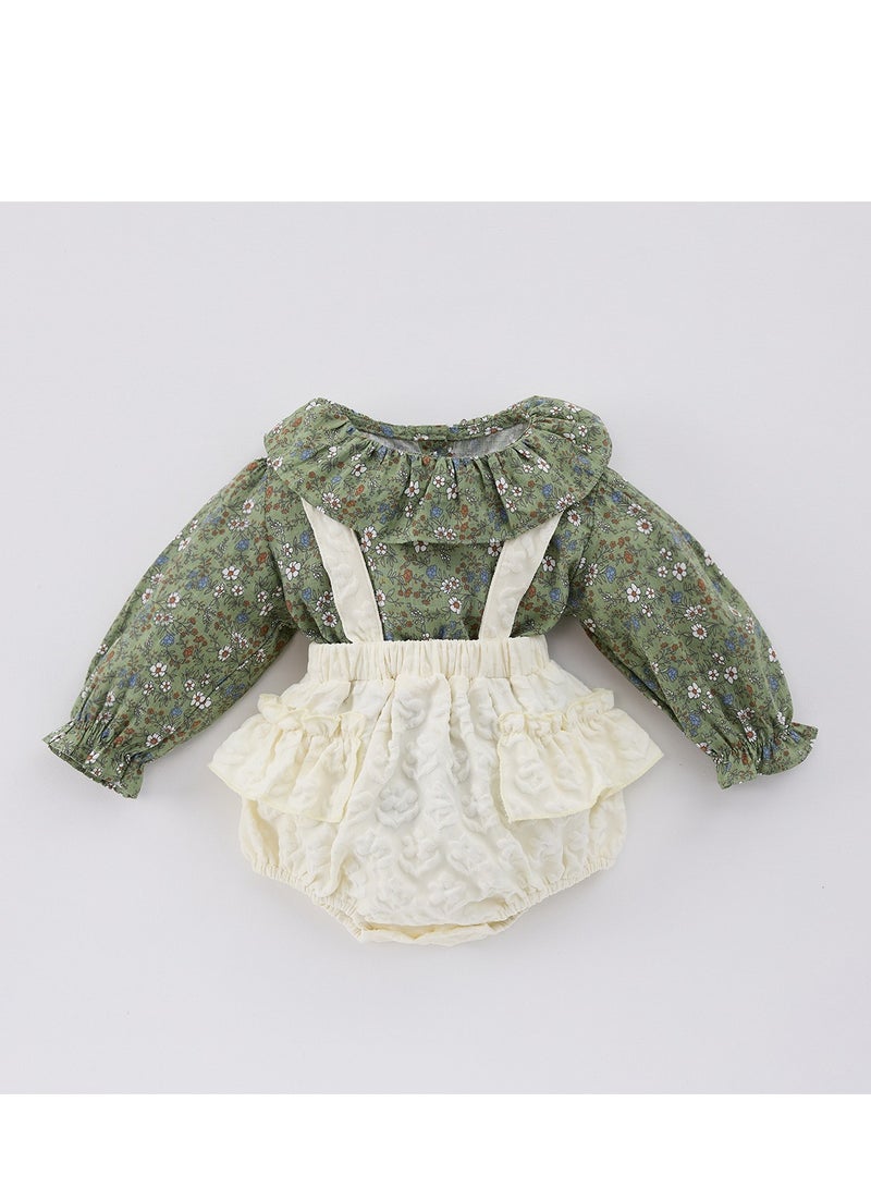 Baby Floral Long Sleeved Ruffle Collar Floral Base Shirt+Overalls Two-Piece Set - Image 1