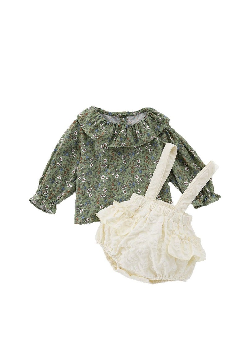 Baby Floral Long Sleeved Ruffle Collar Floral Base Shirt+Overalls Two-Piece Set - Image 3
