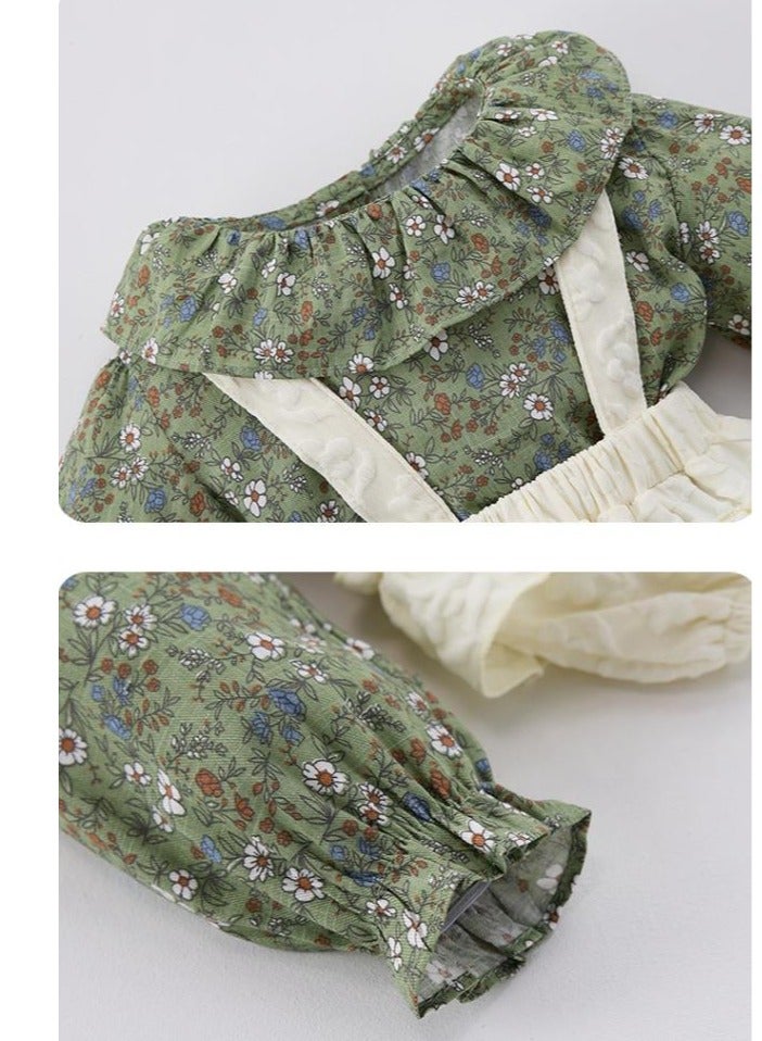 Baby Floral Long Sleeved Ruffle Collar Floral Base Shirt+Overalls Two-Piece Set - Image 5