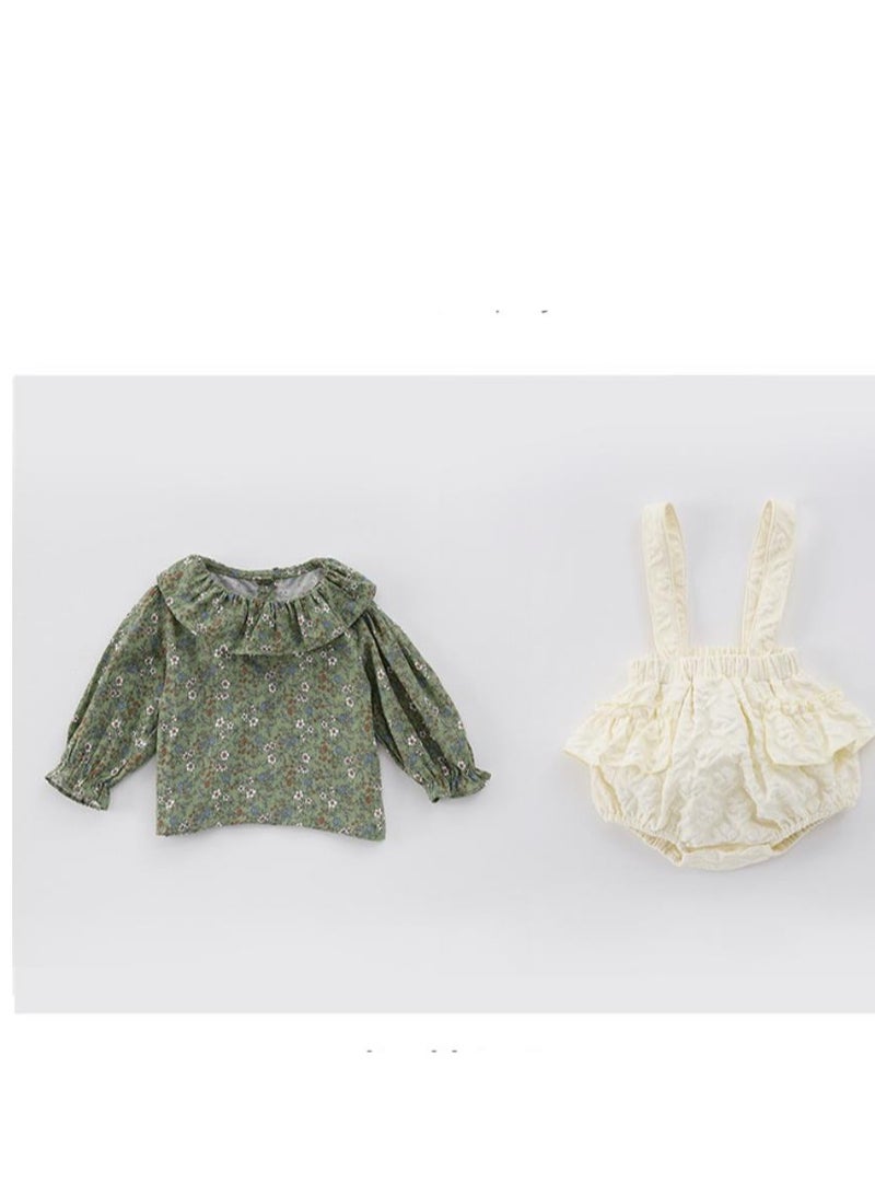 Baby Floral Long Sleeved Ruffle Collar Floral Base Shirt+Overalls Two-Piece Set - Image 4