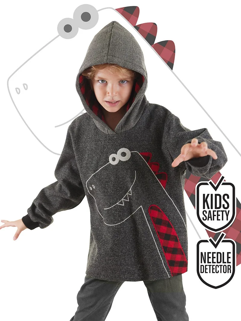 Denokids Checked Dino Boy Anthracite Hoodie