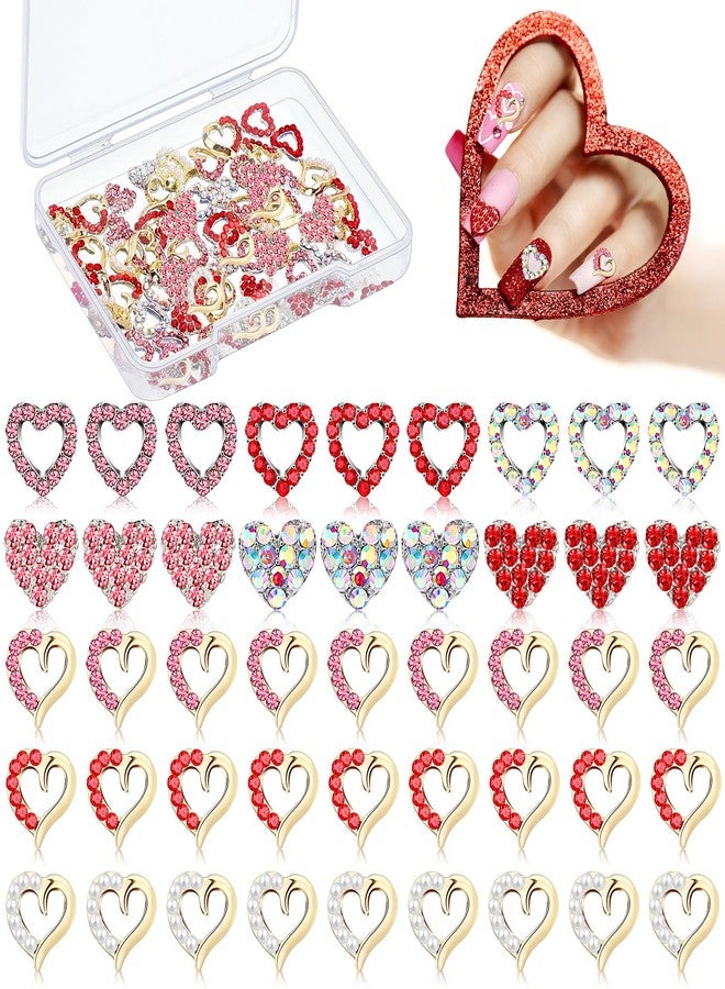 Dimsile 60 Pcs Valentine Heart Nail Charms for Nails Bulk 3D Bling Heart Rhinestone Art Alloy Diamonds Decor Love Crystal Gem Decals for Women DIY Jewelry Accessories - Image 1