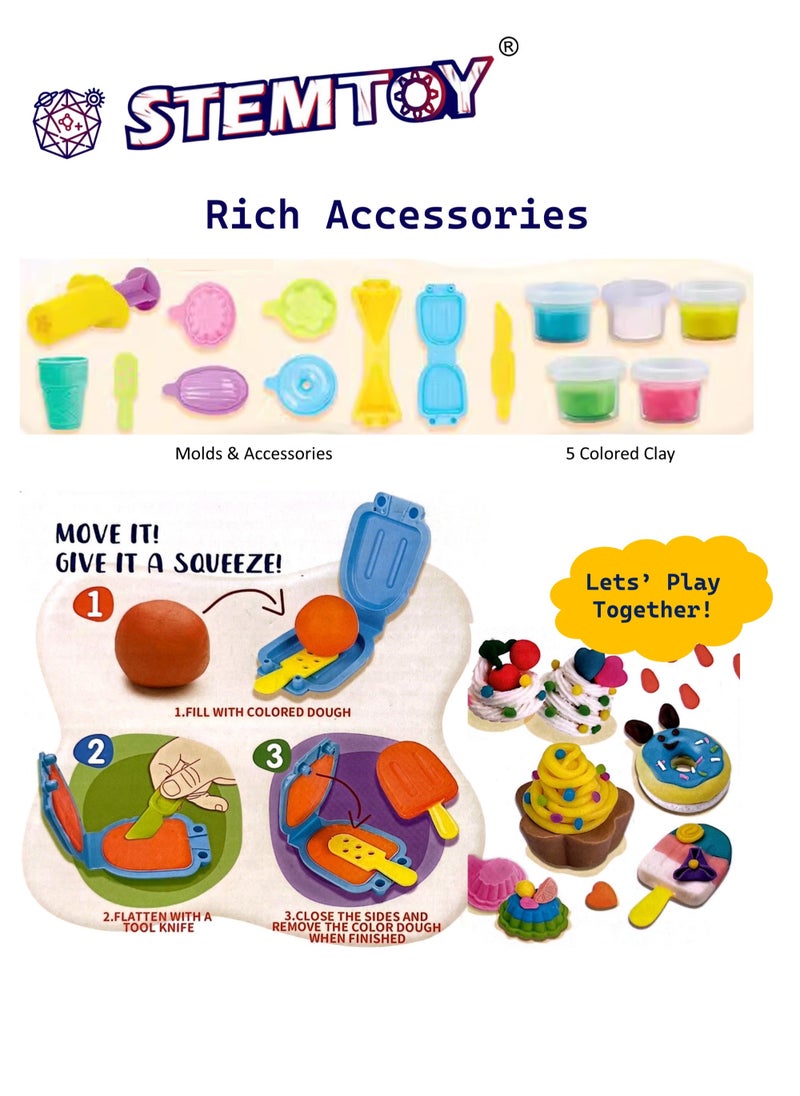 STEMTOY - DIY Playdough Set Ice Cream & Dessert Play Dough Tool Kit with 5 Colors Clay, 6 Molds, Ice Cream Maker, Creative Role-Play Toy for Kids, Fun Ice Cream Shop & Kitchen Pretend Play for Boys & Girls Ages 3+, Birthday Gift - Image 1