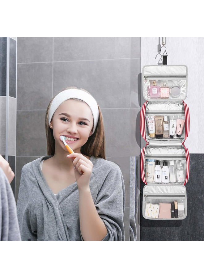 Bosidu حقيبة مستحضرات التجميل المعلقة مخططة بالأحمر والأبيض، منظم تجميل بسعة كبيرة مع 4 حجرات وخطاف متين، مثالية للسفر/الاستخدام اليومي - Image 2
