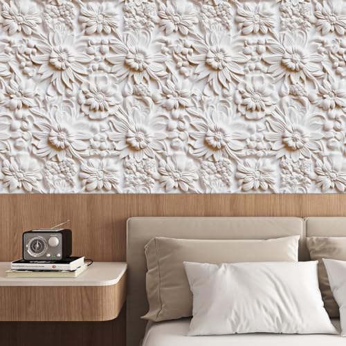 ReWallpaper Embossed Floral Wallpaper Modern Faux 3D Wall Panels Peel and Stick Wallpaper Cream White Flowers Wall Paper Stickers for Bedroom Bathroom Waterproof Contact Paper for Walls 17.5in×10ft - Image 2