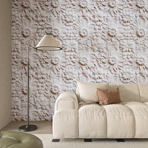 ReWallpaper Embossed Floral Wallpaper Modern Faux 3D Wall Panels Peel and Stick Wallpaper Cream White Flowers Wall Paper Stickers for Bedroom Bathroom Waterproof Contact Paper for Walls 17.5in×10ft - Image 5