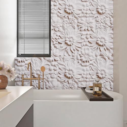 ReWallpaper Embossed Floral Wallpaper Modern Faux 3D Wall Panels Peel and Stick Wallpaper Cream White Flowers Wall Paper Stickers for Bedroom Bathroom Waterproof Contact Paper for Walls 17.5in×10ft - Image 3