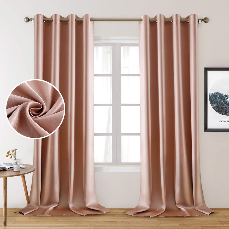 HOMEIDEAS HOMEIDEAS 2 Panels Blush Pink Faux Silk Blackout Curtains 52 X 108 Inch Room Darkening Satin Thermal Insulated Window Drapes for Bedroom Indoor Nursery