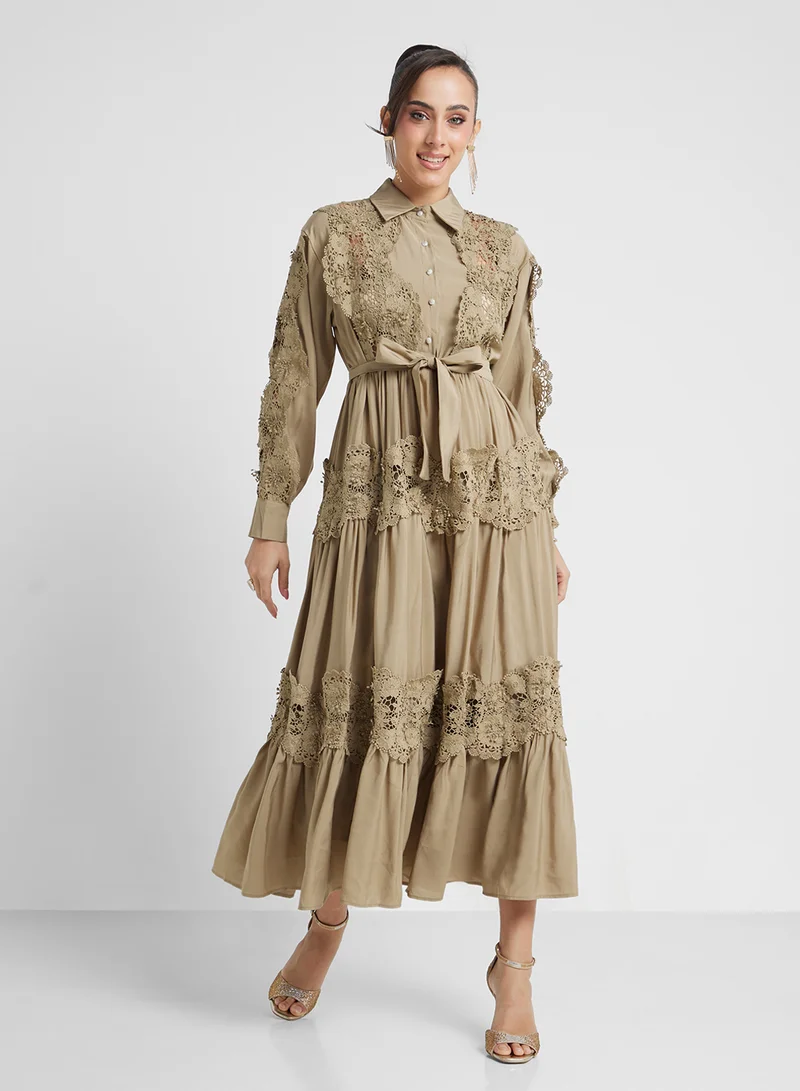Khizana Lace Trimmed Tiered Dress
