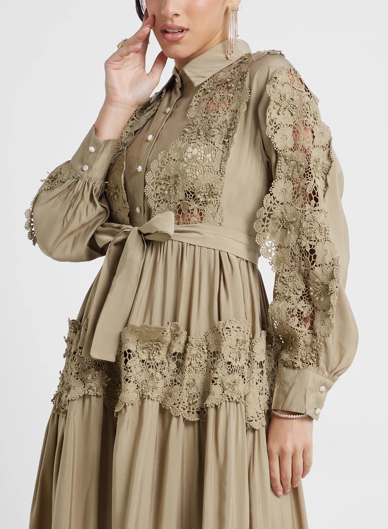 Khizana Lace Trimmed Tiered Dress