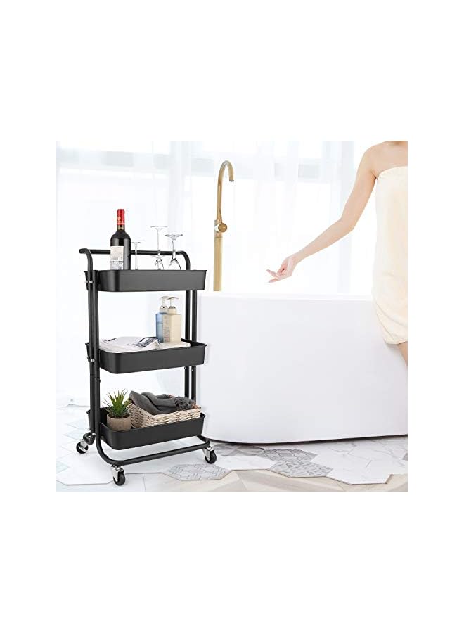 Zaboon Rolling Utility Cart Storage Shelves Multifunction Storage Trolley Service Cart With Mesh Basket Handles And Wheels Easy Assembly For Bathroom Kitchen Office (Black) - Image 4