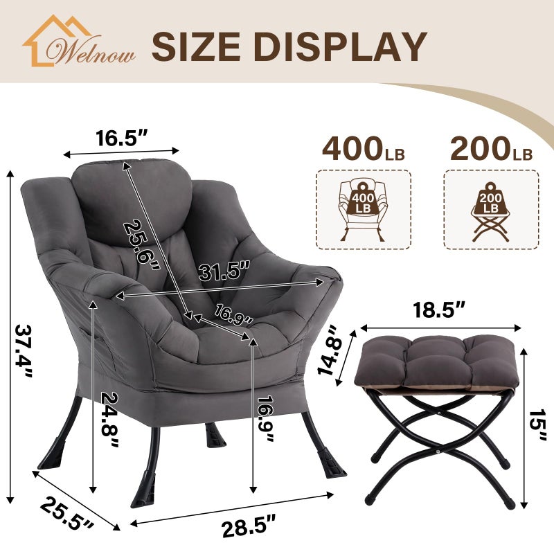 Welnow Lazy Chair with Ottoman, Modern Accent Chair with Armrests and a Side Pocket, Leisure Sofa Armchair, Reading Armchair with Footrest for Small Space, Dark Grey - Image 2