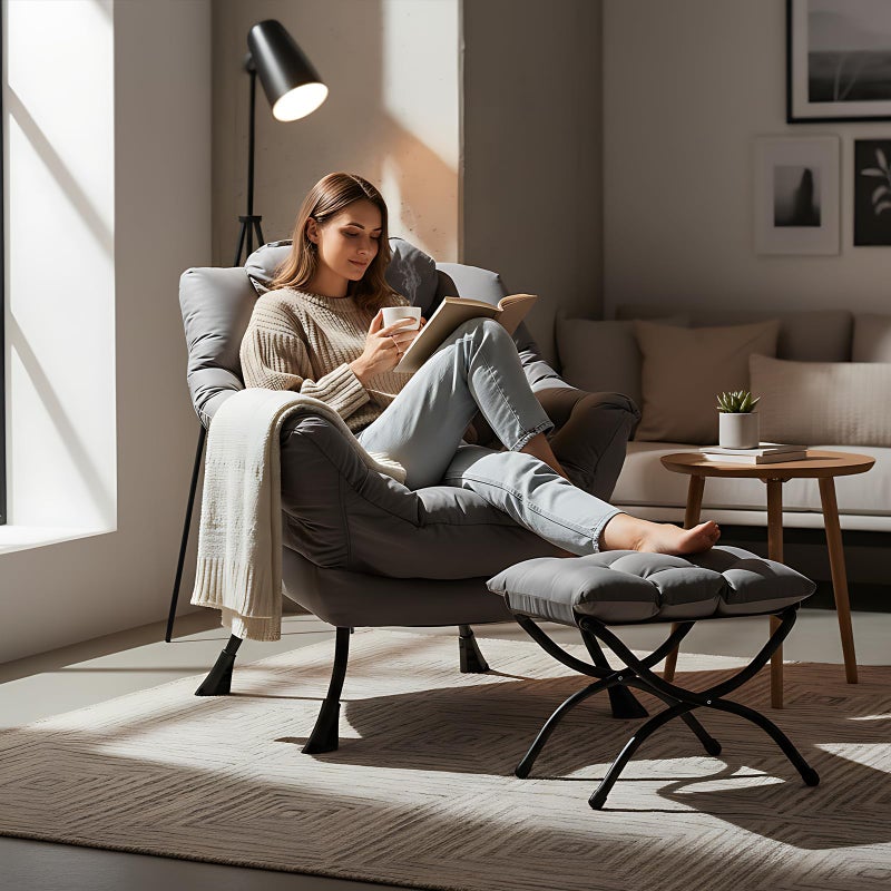 Welnow Lazy Chair with Ottoman, Modern Accent Chair with Armrests and a Side Pocket, Leisure Sofa Armchair, Reading Armchair with Footrest for Small Space, Dark Grey - Image 5
