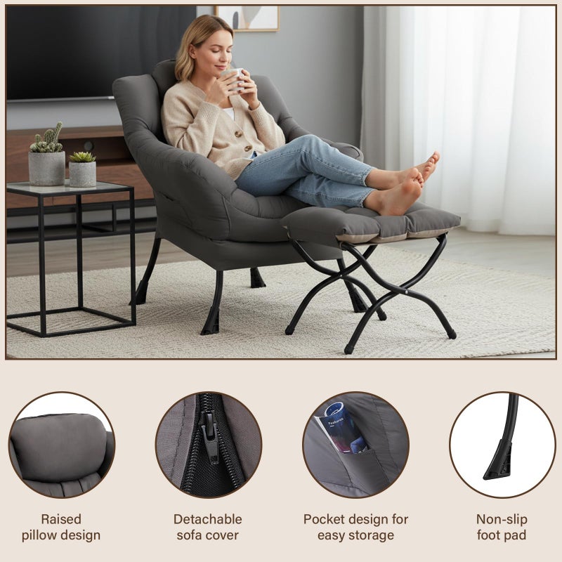 Welnow Lazy Chair with Ottoman, Modern Accent Chair with Armrests and a Side Pocket, Leisure Sofa Armchair, Reading Armchair with Footrest for Small Space, Dark Grey - Image 3