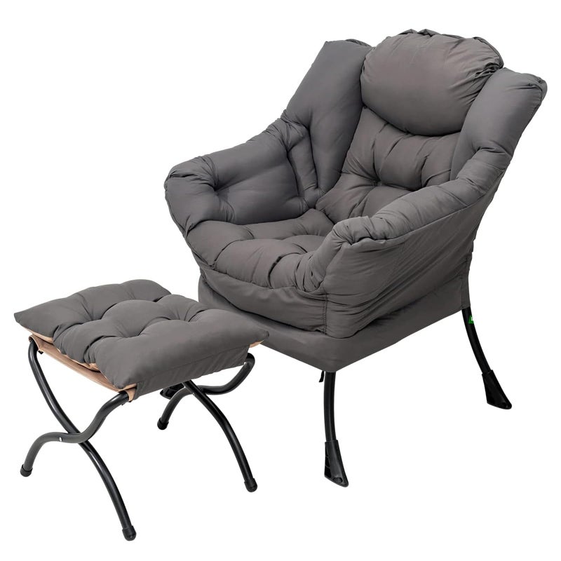 Welnow Lazy Chair with Ottoman, Modern Accent Chair with Armrests and a Side Pocket, Leisure Sofa Armchair, Reading Armchair with Footrest for Small Space, Dark Grey - Image 1