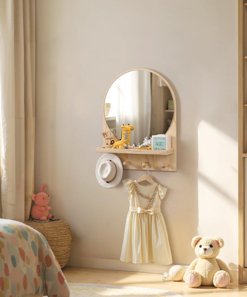 Maxpeuvon Nursery Mirror, Boho Circle Mirror Wall Mount Natural Wood Shelf Hanging Arch Modern Wall Decor for Nursery Living Room Entryway Hallway Bathroom, 14x18 Inch - Image 4