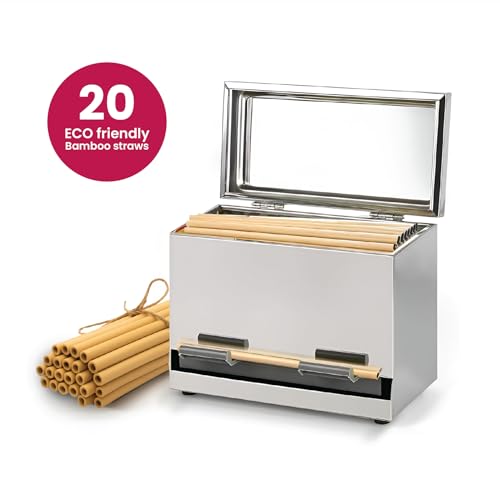 LuxCollections Stainless Steel Straw Dispenser - Holds Up To 200 Straws - Metal Drinking Straw Holder With Lid - For Commercial Shop Counter or Home Kitchen - Includes 20 Bamboo Straws - Image 2