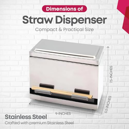 LuxCollections Stainless Steel Straw Dispenser - Holds Up To 200 Straws - Metal Drinking Straw Holder With Lid - For Commercial Shop Counter or Home Kitchen - Includes 20 Bamboo Straws - Image 3