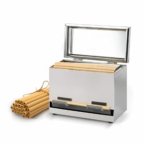 LuxCollections Stainless Steel Straw Dispenser - Holds Up To 200 Straws - Metal Drinking Straw Holder With Lid - For Commercial Shop Counter or Home Kitchen - Includes 20 Bamboo Straws - Image 1