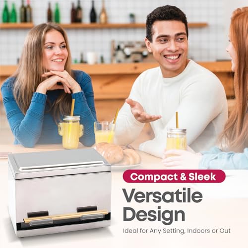 LuxCollections Stainless Steel Straw Dispenser - Holds Up To 200 Straws - Metal Drinking Straw Holder With Lid - For Commercial Shop Counter or Home Kitchen - Includes 20 Bamboo Straws - Image 5