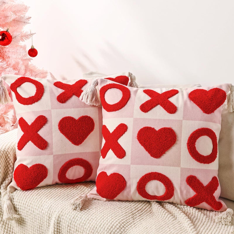 Bunny Chorus Valentines Day Decor Pillow Covers 18x18, 2pcs Red White XOXO Valentine Decorative Throw Pillowcases with Tassels, Romantic Cushion Covers for the Home Living Room Couch Sofa Bed Party Supplies - Image 1