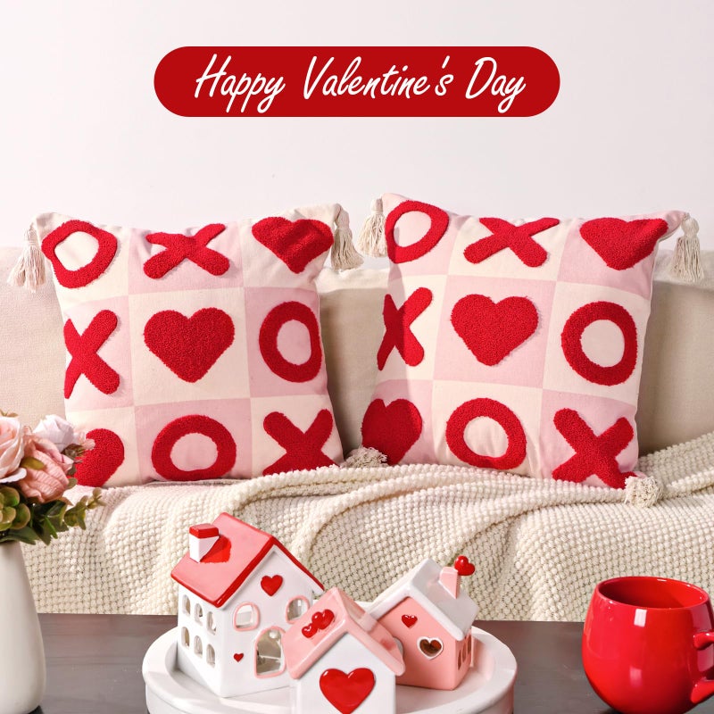 Bunny Chorus Valentines Day Decor Pillow Covers 18x18, 2pcs Red White XOXO Valentine Decorative Throw Pillowcases with Tassels, Romantic Cushion Covers for the Home Living Room Couch Sofa Bed Party Supplies - Image 4