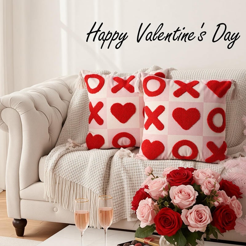 Bunny Chorus Valentines Day Decor Pillow Covers 18x18, 2pcs Red White XOXO Valentine Decorative Throw Pillowcases with Tassels, Romantic Cushion Covers for the Home Living Room Couch Sofa Bed Party Supplies - Image 5