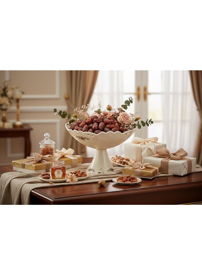 AKDC Angela Premium Round Footed Cream Ceramic Fruit Serving Bowl with Floral Design 30×20 cm Centerpiece Bowl - Image 3