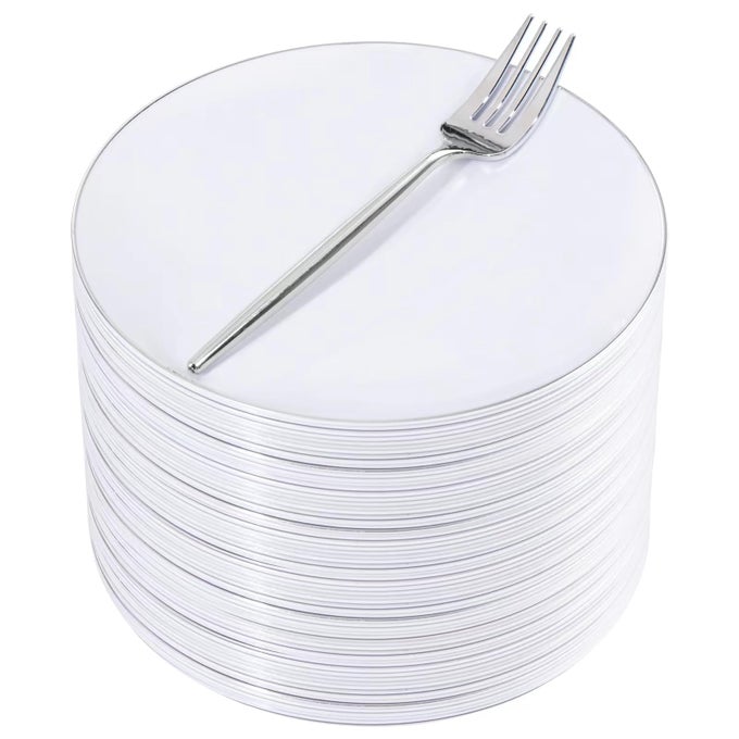 100PCS SILVER PLASTIC DESSERT PLATES 75INCH100PCS DISPOSABLE SILVER FORKSWHITE PLASTIC PLATES WITH SILVER RIM SMALL PLASTIC PLATESDESSERT PLATES WITH FORKS FOR APPETIZER CAKE