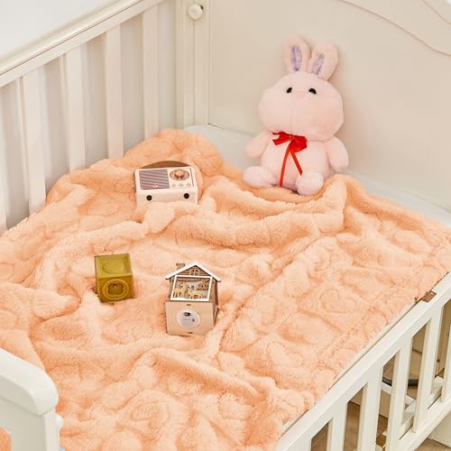 Yurhap Fleece Baby Blanket Heart Checkered, Ultra Soft Cozy Baby Blankets for Girls Boys, Fluffy Infant Toddler Newborn Receiving Gifts for Crib Stroller 30"x40" (Apricot Pink) - Image 3
