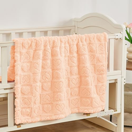 Yurhap Fleece Baby Blanket Heart Checkered, Ultra Soft Cozy Baby Blankets for Girls Boys, Fluffy Infant Toddler Newborn Receiving Gifts for Crib Stroller 30"x40" (Apricot Pink) - Image 5